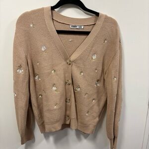 Devoted S Beige Ribbed Cardigan with White Embroidered Flowers Cottagecore Soft